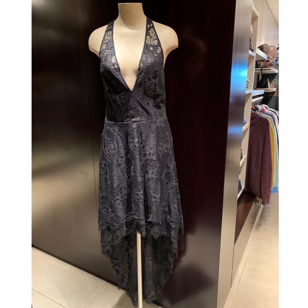BEBE Hi—Low Halter Lace Open Back Dress